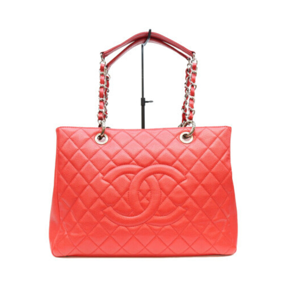 CHANEL A50995 Red Caviar Leather Tote Bag with Silver Hardware (GST) - Women's